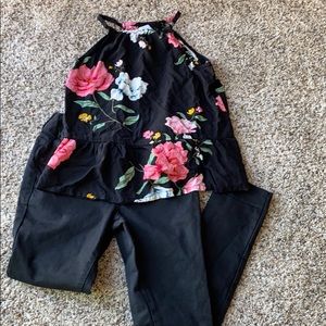 Size 8 girls black jeans with black floral tank
